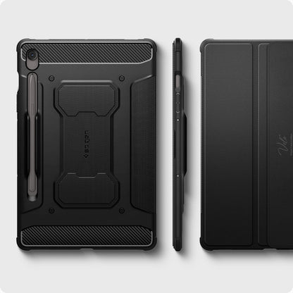 ACS09381 - Galaxy Tab S10 FE+ Case Rugged Armor Pro in Matte Black showing the back, side and partial front