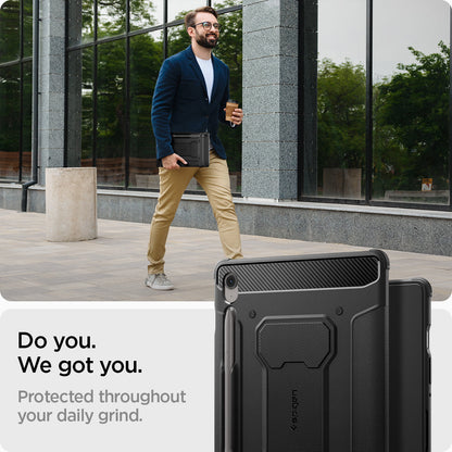 ACS09380 - Galaxy Tab S10 FE Case Rugged Armor Pro in Matte Black showing the device protection throughout your daily grind