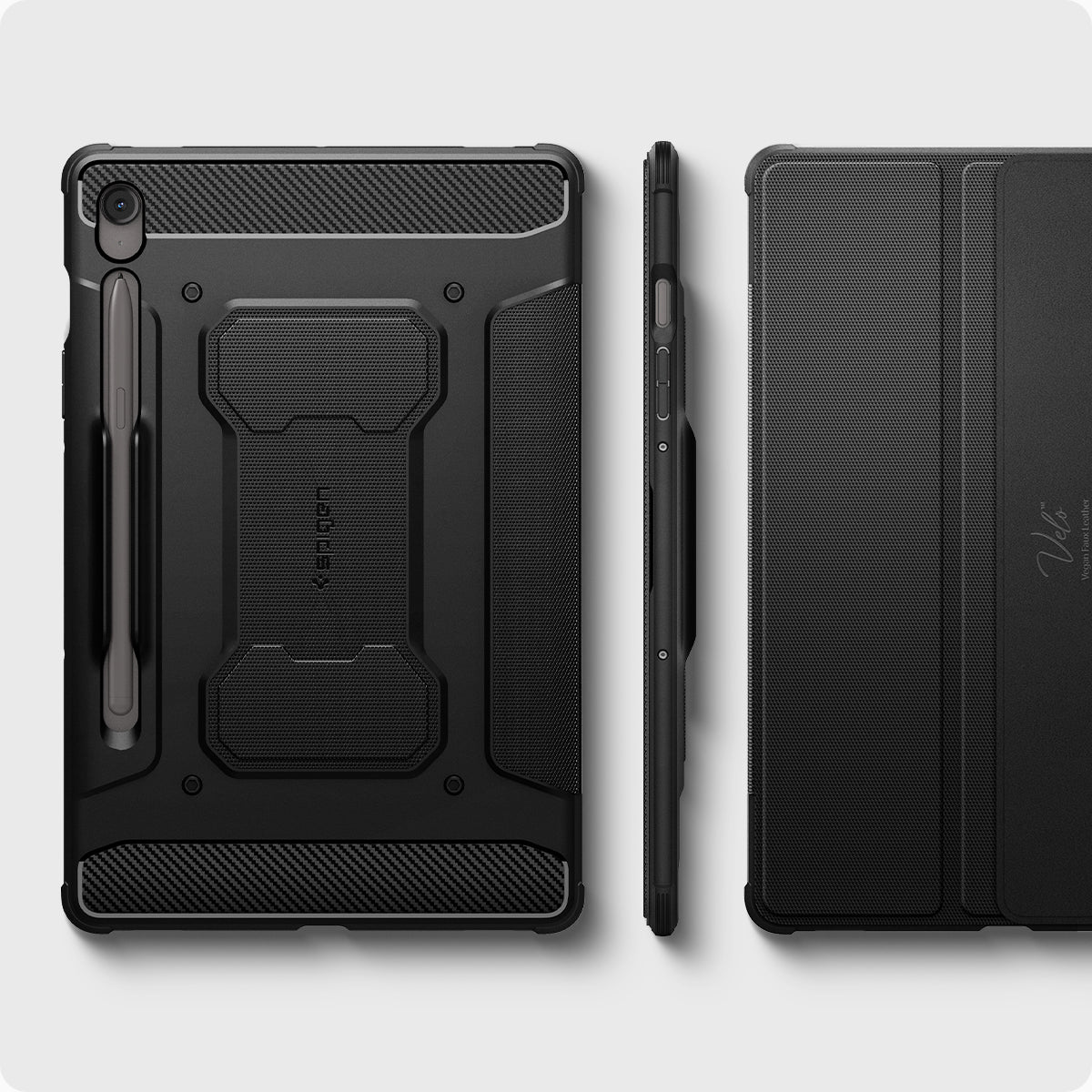 ACS09380 - Galaxy Tab S10 FE Case Rugged Armor Pro in Matte Black showing the back, side and partial front