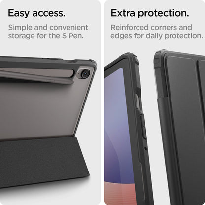 ACS09498 - Galaxy Tab S10 FE Case Ultra Hybrid Pro in Black showing the easy access. Simple and convenient storage for the S Pen. Extra protection. Reinforced corners and edges for daily protection