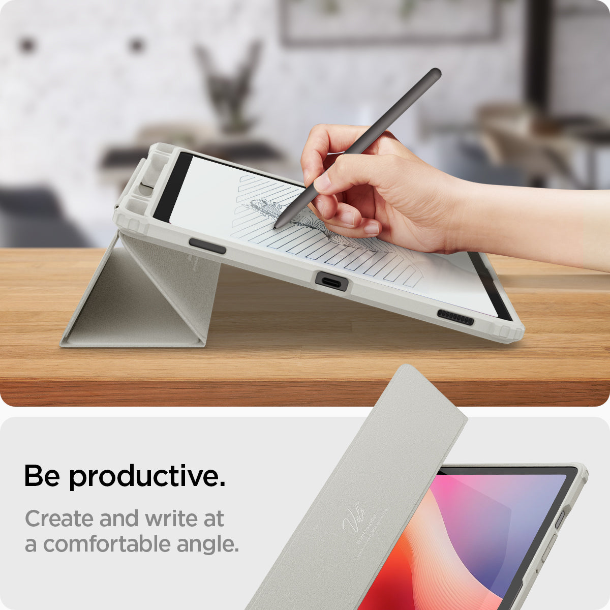 ACS09533 - Galaxy Tab S10 FE Case Ultra Hybrid Pro in Gray showing being productive. Create and write at a comfortable angle