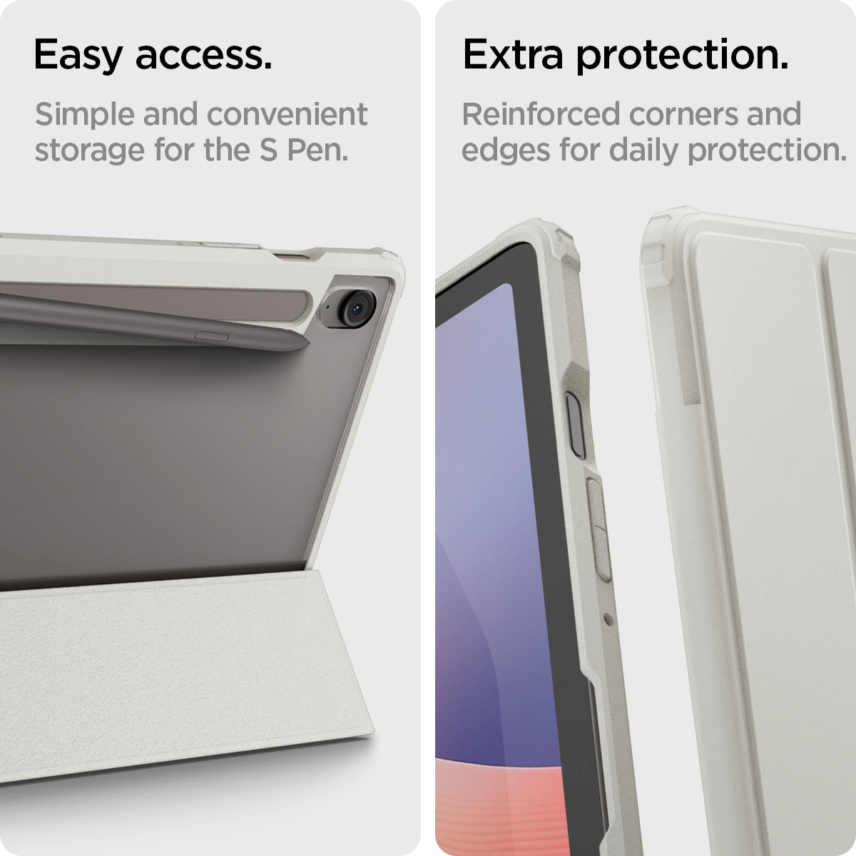 ACS09533 - Galaxy Tab S10 FE Case Ultra Hybrid Pro in Gray showing the easy access. Simple and convenient storage for the S Pen. Extra protection. Reinforced corners and edges for daily protection