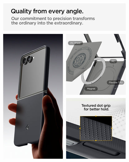 ACS11518 - Galaxy Z Flip 8 Nano Pop (Mag Fit) Black Sesame showing the "Quality from every angle" graphic, with a hand holding the cased phone, alongside a close-up of the internal magnet and PC sheet layers