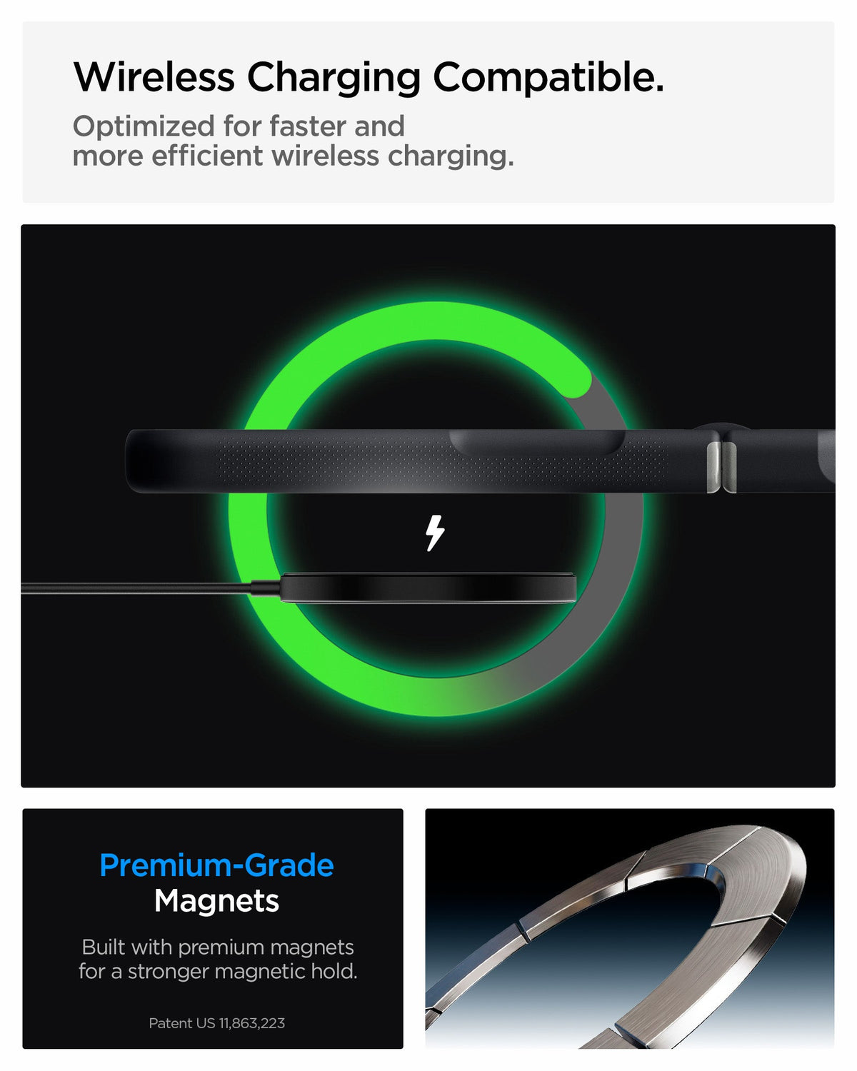 ACS11518 - Galaxy Z Flip 8 Nano Pop (Mag Fit) Black Sesame showing it is wireless charging compatible. Optimized for faster and more efficient wireless charging