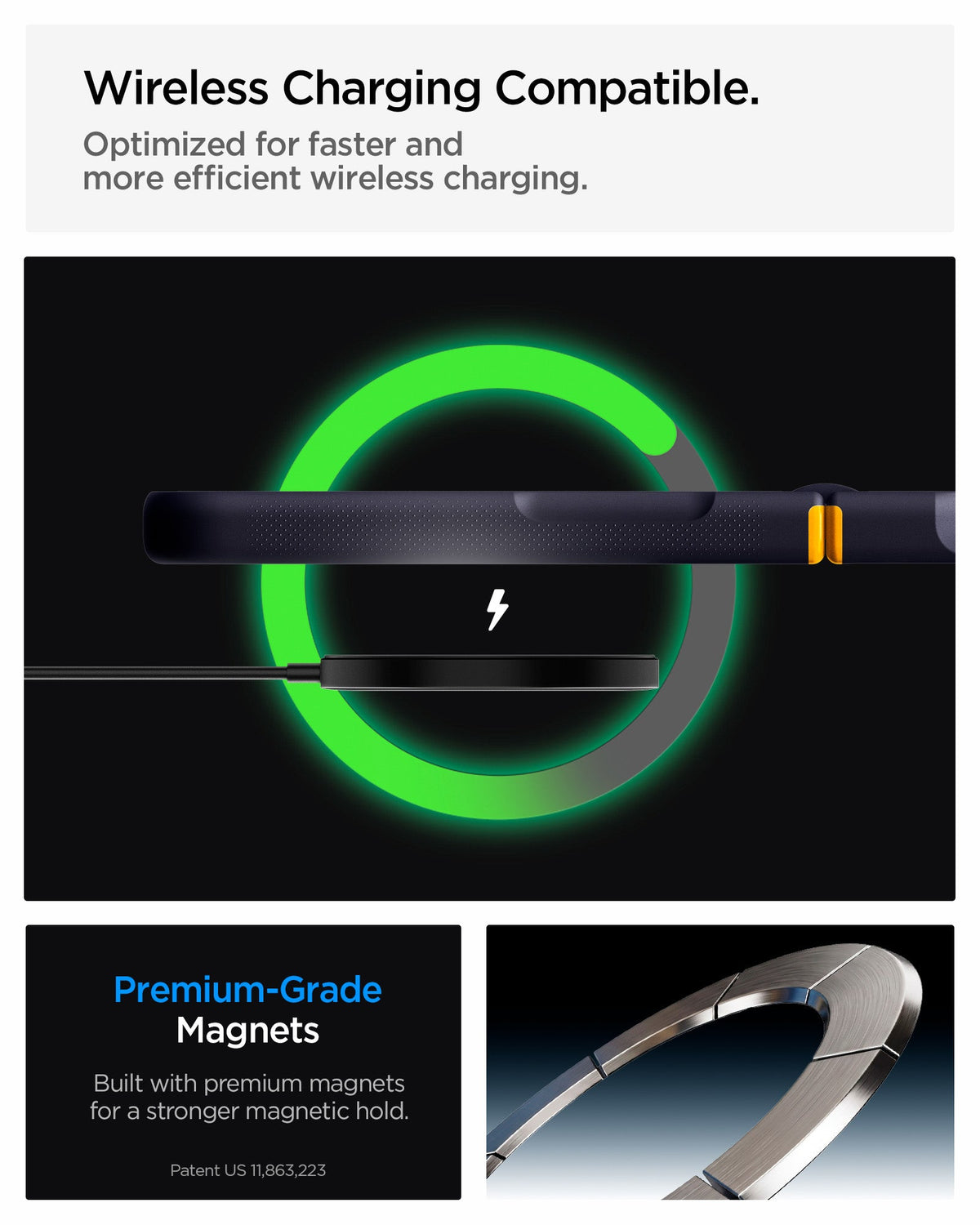 ACS11517 - Galaxy Z Flip 8 Nano Pop (Mag Fit) Blueberry Navy showing it is wireless charging compatible. Optimized for faster and more efficient wireless charging