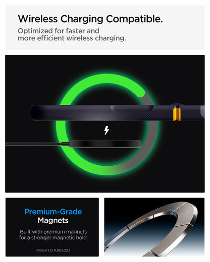 ACS11517 - Galaxy Z Flip 8 Nano Pop (Mag Fit) Blueberry Navy showing it is wireless charging compatible. Optimized for faster and more efficient wireless charging