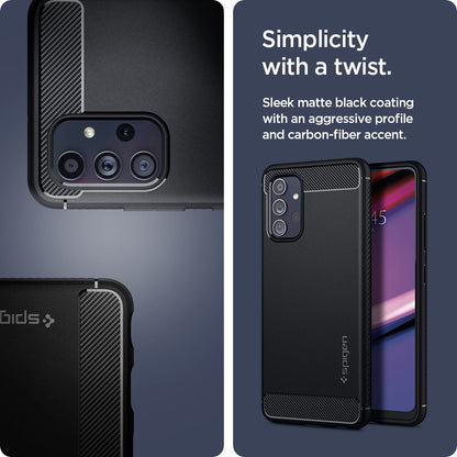 ACS02741 - Galaxy A32 Case Rugged Armor in Matte Black showing the simplicity with a twist. Sleek matte black coating with aggressive profile and carbon-fiber accent