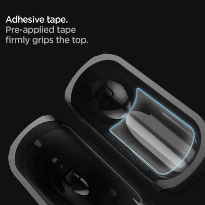 ASD00540 - Apple AirPods Pro Case Rugged Armor in matte black showing the adhesive tape. Pre-applied tape firmly grips the top