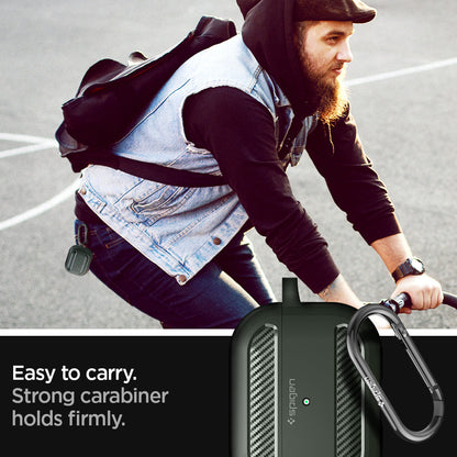 ASD01441 - Apple AirPods Pro Case Rugged Armor in military green showing how it is easy to carry. Strong carabiner holds firmly