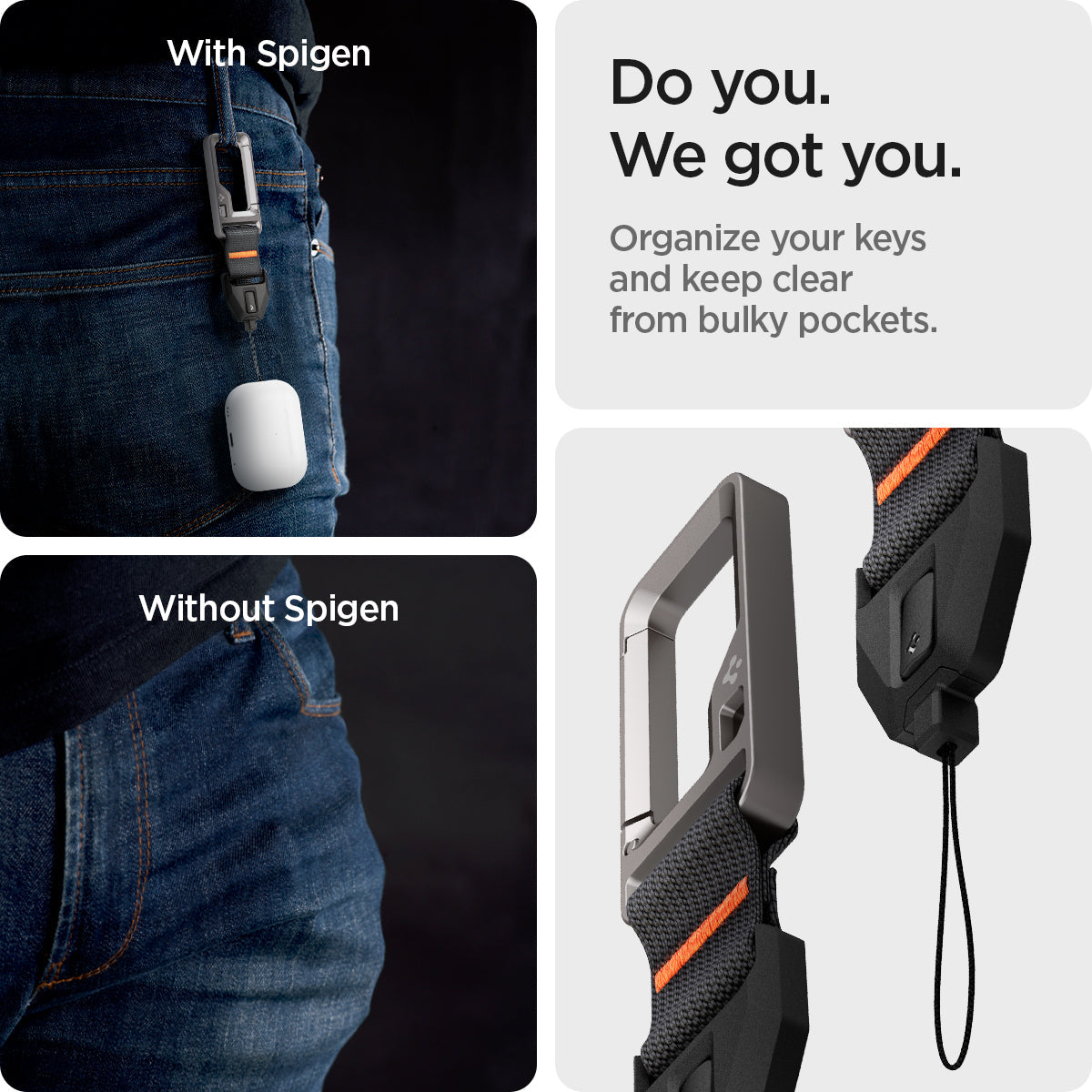 ASD05861 - AirPods Pro 2 Lanyard Carabiner in black showing the organize keys and keep clear from bulky pockets
