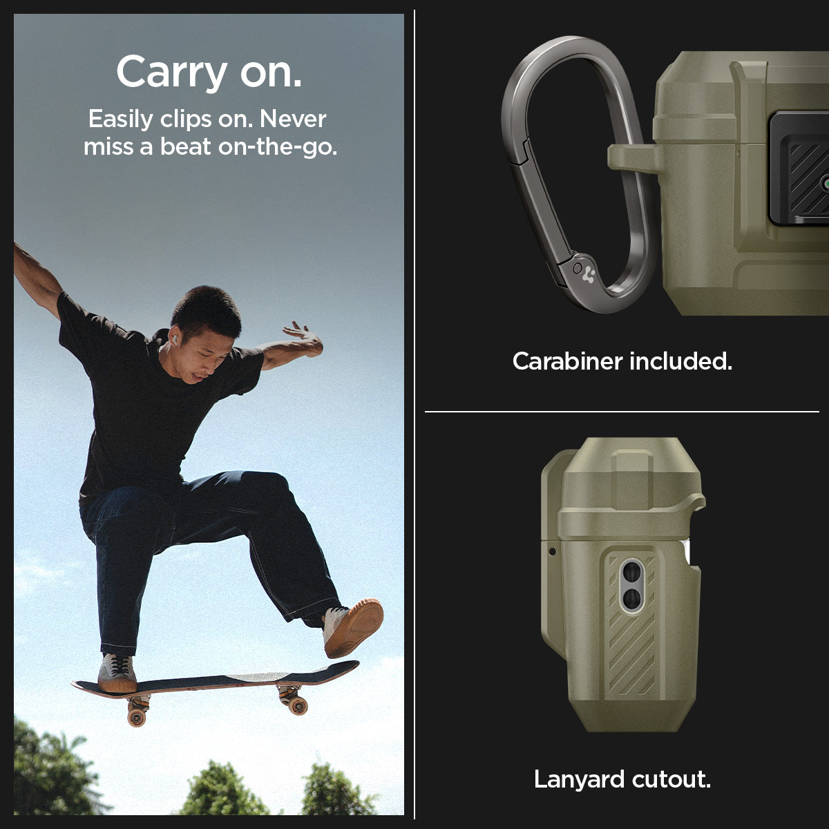 ACS05911 - Apple AirPods Pro 2 Case Lock Fit in vintage khaki showing easy to clip on. Never miss a beat on-the-go. Carabiner included with lanyard cutout