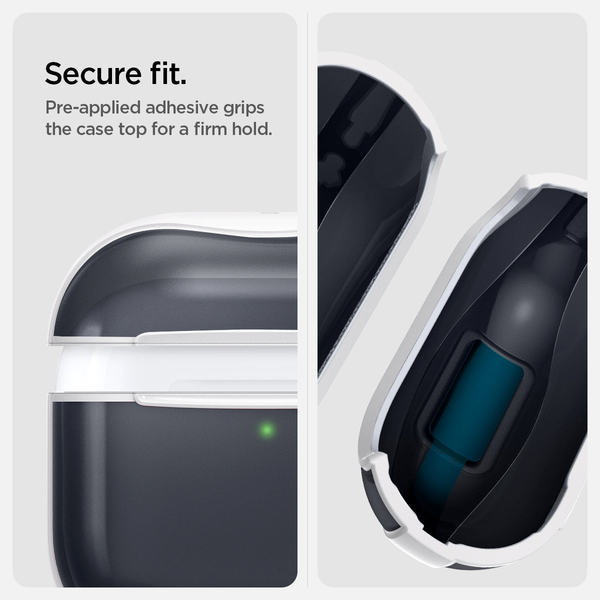 ACS08645 - AirPods 4 Pro / AirPods 4 Classic C1 in Graphite showing the secure fit. Pre-applied adhesive grips the case top for a firm hold