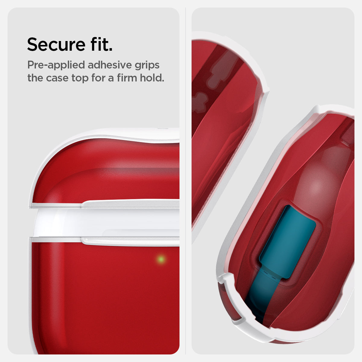 ACS08646 - AirPods 4 Pro / AirPods 4 Classic C1 in Ruby showing the secure fit. Pre-applied adhesive grips the case top for a firm hold