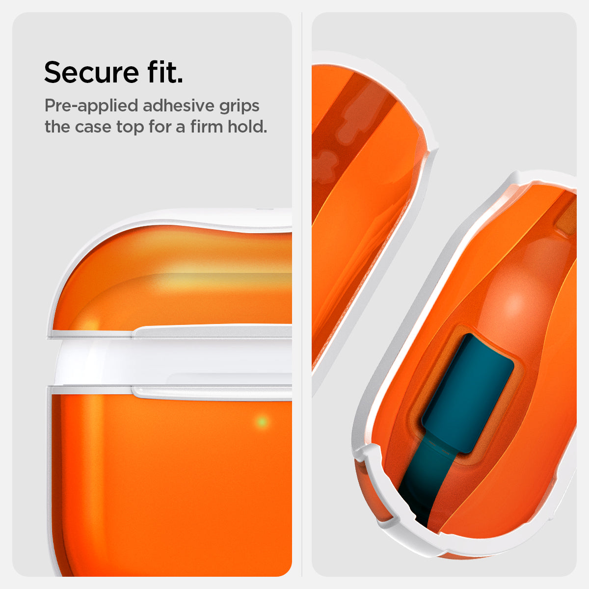 ACS08647 - AirPods 4 Pro / AirPods 4 Classic C1 in Tangerine showing the secure fit. Pre-applied adhesive grips the case top for a firm hold