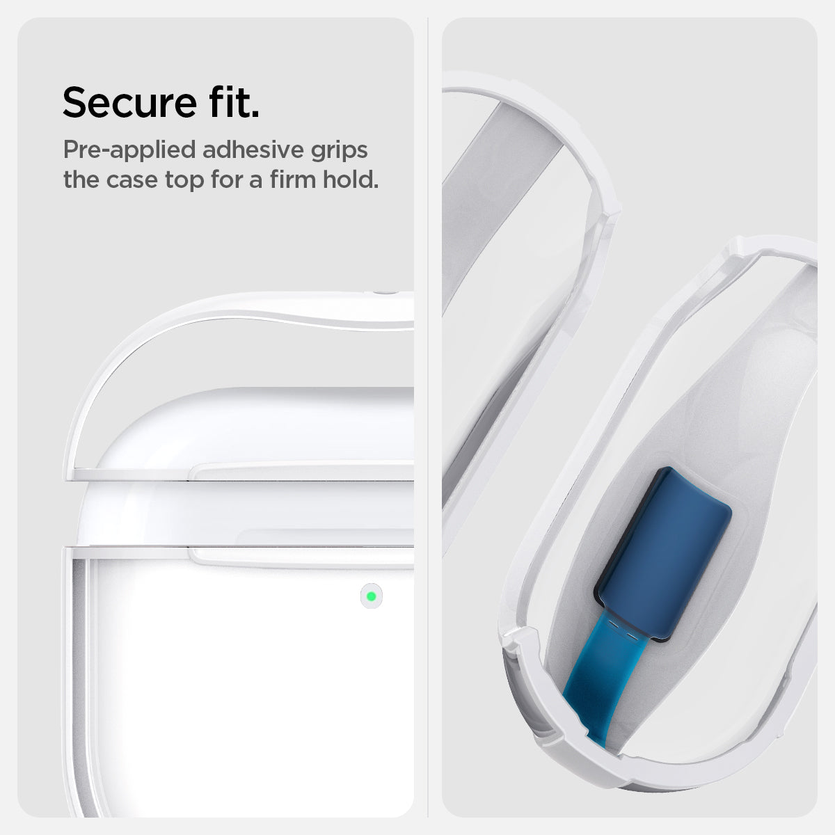 ACS08643 - AirPods 4 Pro / AirPods 4 Ultra Hybrid in Jet White showing the secure fit. Pre-applied adhesive grips the case top for a firm hold