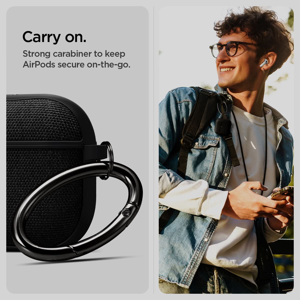 ACS08648 - AirPods 4 Pro / AirPods 4 Case Urban Fit in Black showing the strong carabiner to keep Airpods secure on-the-go