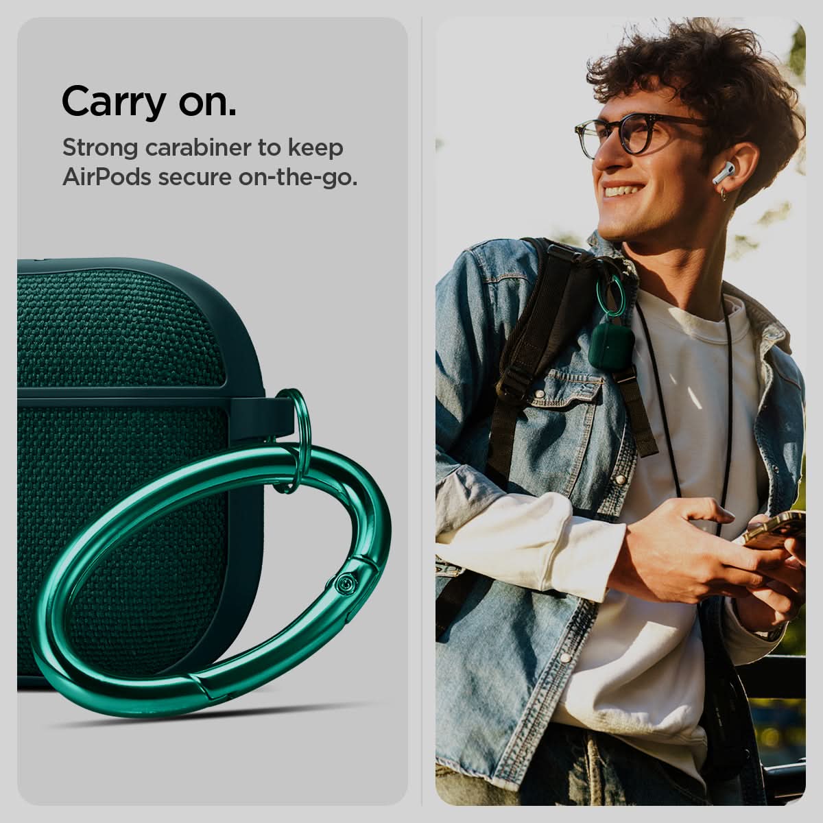 ACS08650 - AirPods 4 Pro / AirPods 4 Case Urban Fit in Midnight Green showing the strong carabiner to keep Airpods secure on-the-go