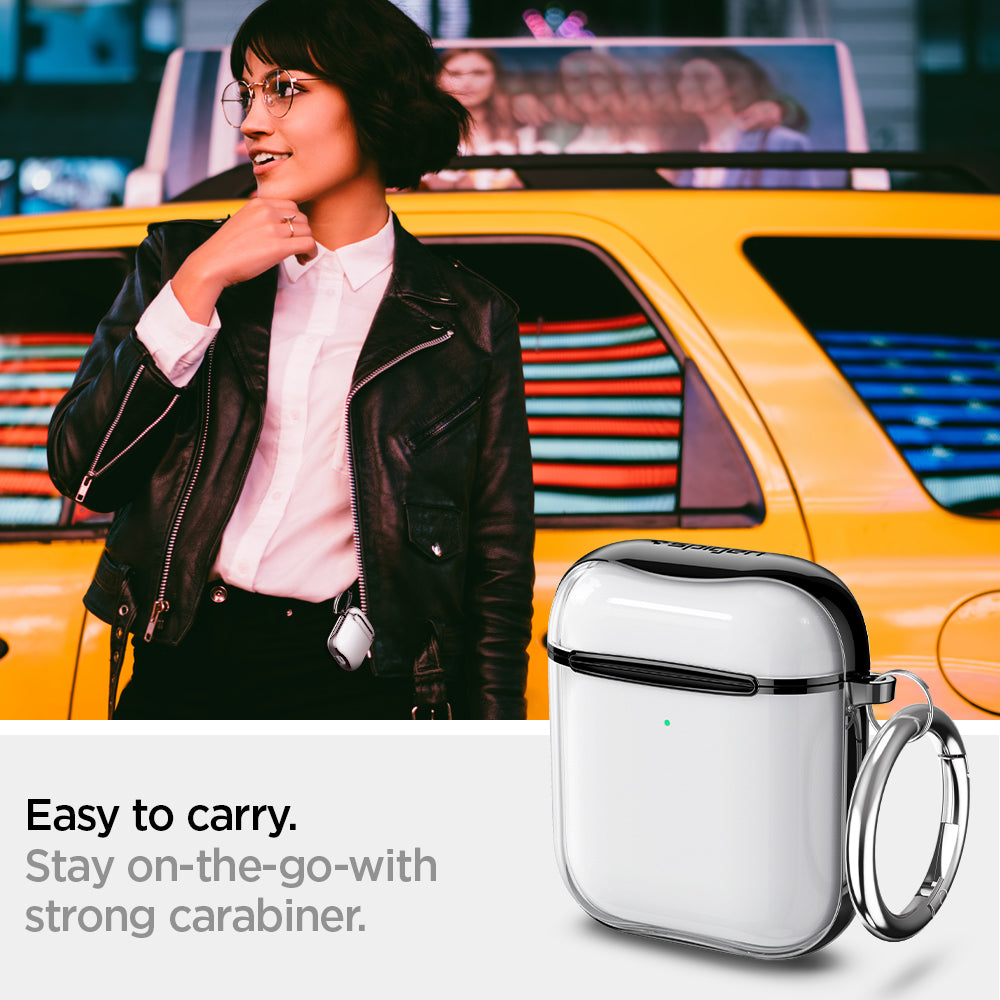 ASD01300 - Apple AirPods 1 / 2 Case Ultra Hybrid in black showing the easy to carry. Stay on-the-go with strong carabiner