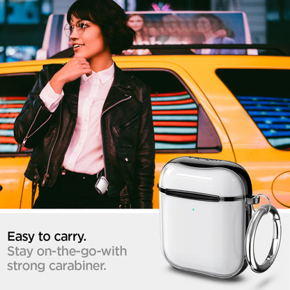 ASD01300 - Apple AirPods 1 / 2 Case Ultra Hybrid in black showing the easy to carry. Stay on-the-go with strong carabiner