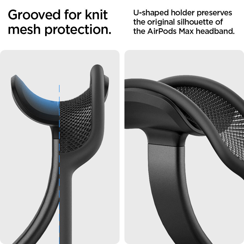 AMP02818 - Apple Airpods Max MagFit Stand in black showing grooved for knit mesh protection, u-shaped holder preserves the original silhouette of the airpods max headband
