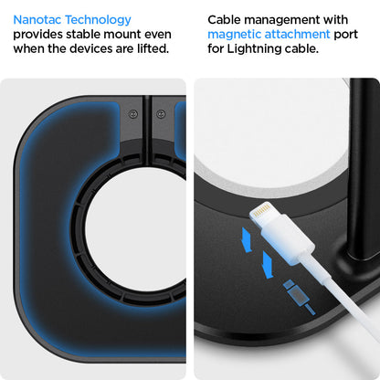 AMP02818 - Apple Airpods Max MagFit Stand in black showing nanotec technology, provides stable mount even when the devices are lifted, cable management with magnetic attachment port for lightning cable