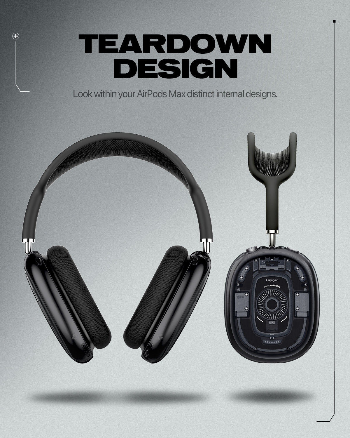 ACS05592 - Airpods Max Series Ultra Hybrid Pro Zero One showing AirPods Max front view and ear cup back view displaying teardown internal component design on case