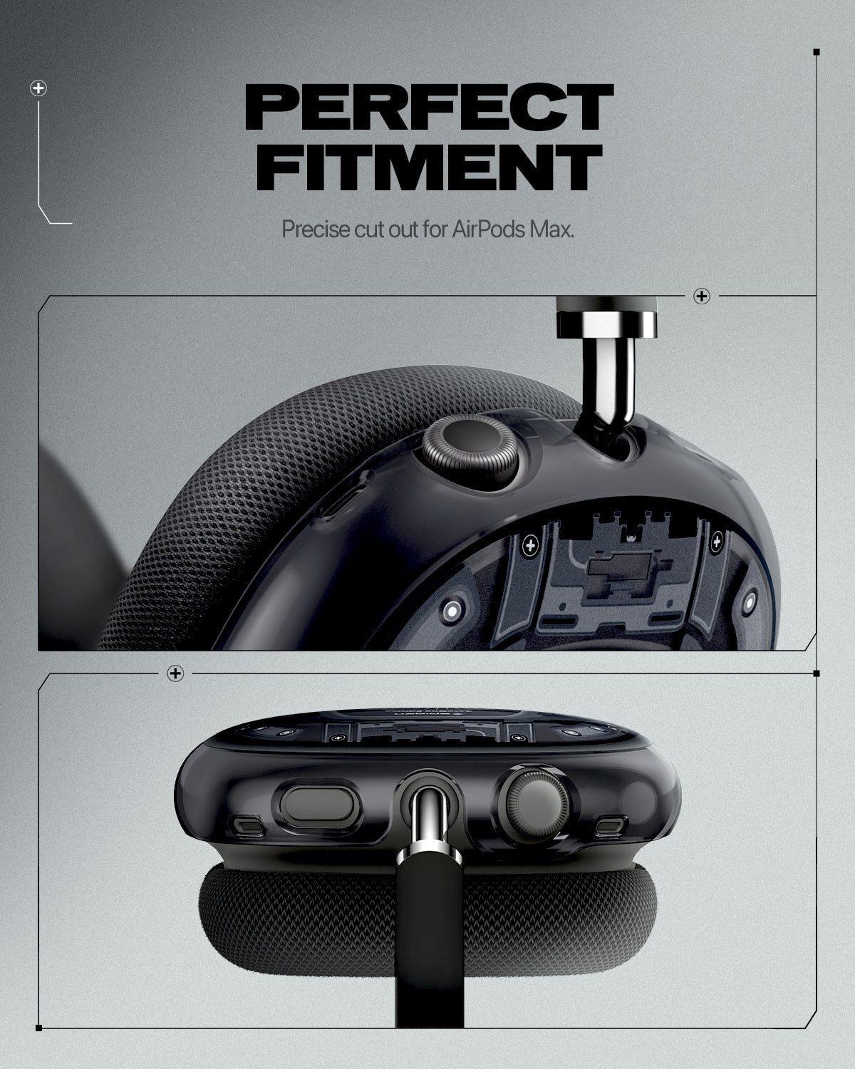 ACS05592 - Airpods Max Series Ultra Hybrid Pro Zero One showing precise cutout alignment at AirPods Max crown button and top port area with case installed