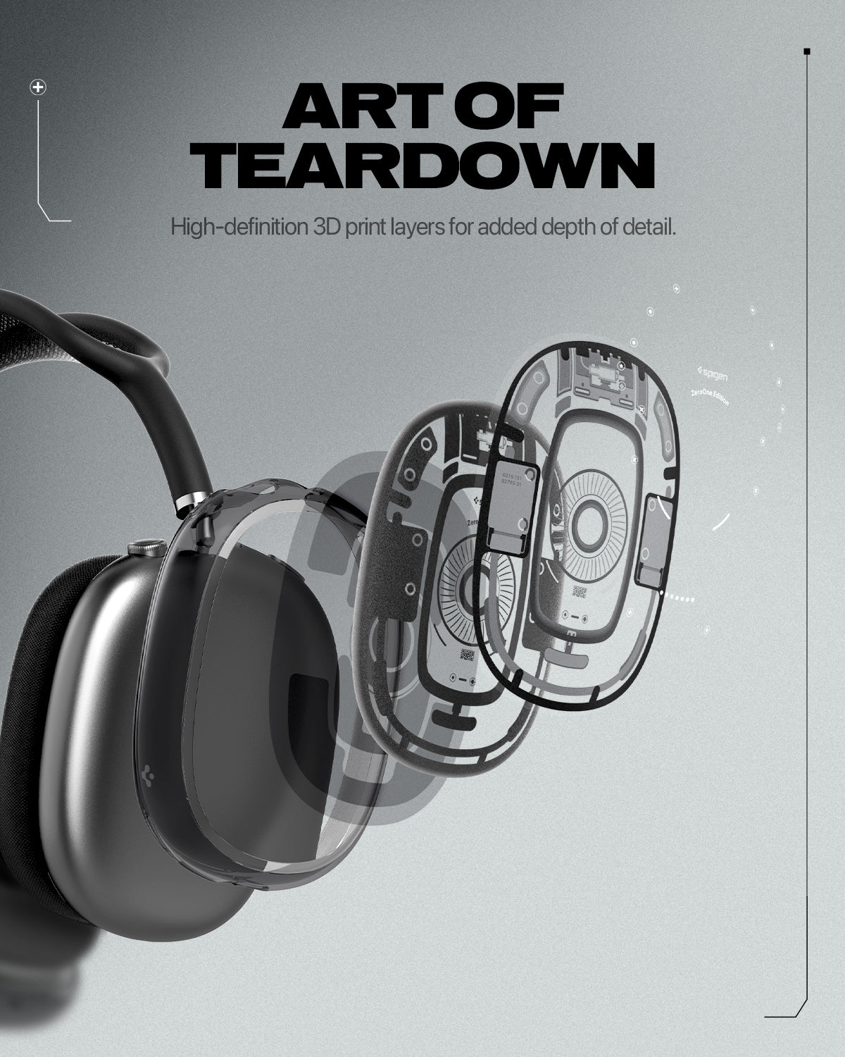 ACS05592 - Airpods Max Series Ultra Hybrid Pro Zero One showing exploded layer view of AirPods Max ear cup with high definition 3D printed teardown design on case surface
