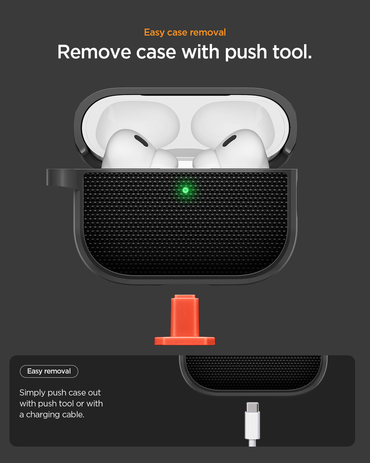 ACS10604 - AirPods Pro 3 Classic Fit in Black showing easy case removal. remove case with push tool