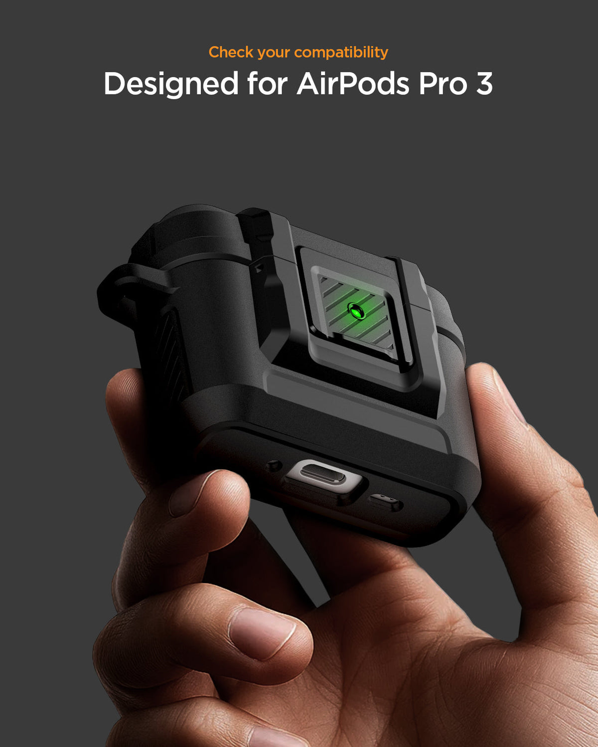 ACS09825 - AirPods Pro 3 Lock Fit in Matte Black showing check your compatibility. Designed for airpods pro 3
