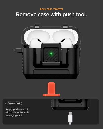 ACS09825 - AirPods Pro 3 Lock Fit in Matte Black showing easy case removal. push case out with cable