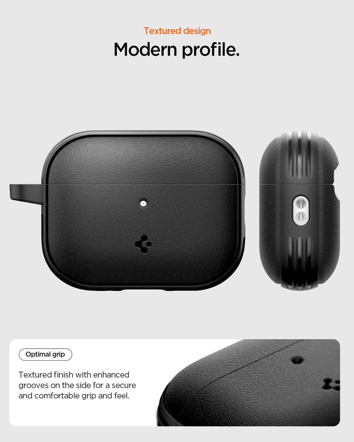 ACS09826 - AirPods Pro 3 Spigen Vault in Matte Black showing textured design. Optimal grip. Textured finish with enhanced grooves on the side for a secure and comfortable grip and feel