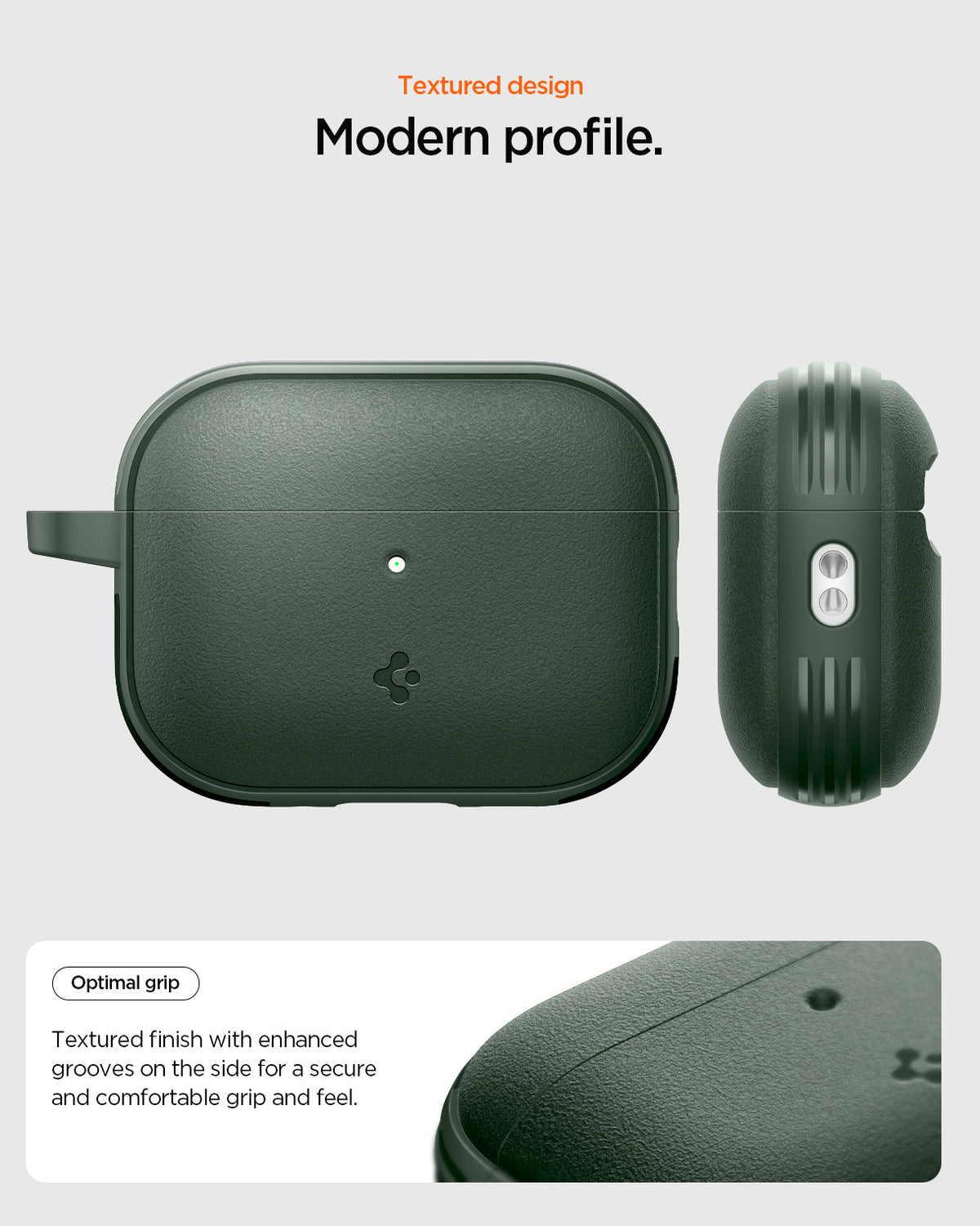 ACS09827 - AirPods Pro 3 Spigen Vault in Midnight Green showing textured design. Optimal grip. Textured finish with enhanced grooves on the side for a secure and comfortable grip and feel