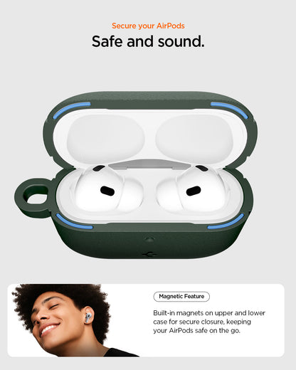 ACS09827 - AirPods Pro 3 Spigen Vault in Midnight Green showing secure your airpods. safe and sound. Magnetic feature. Built in magnets on upper and lower case for secure closure, keeping your airpods safe on the go