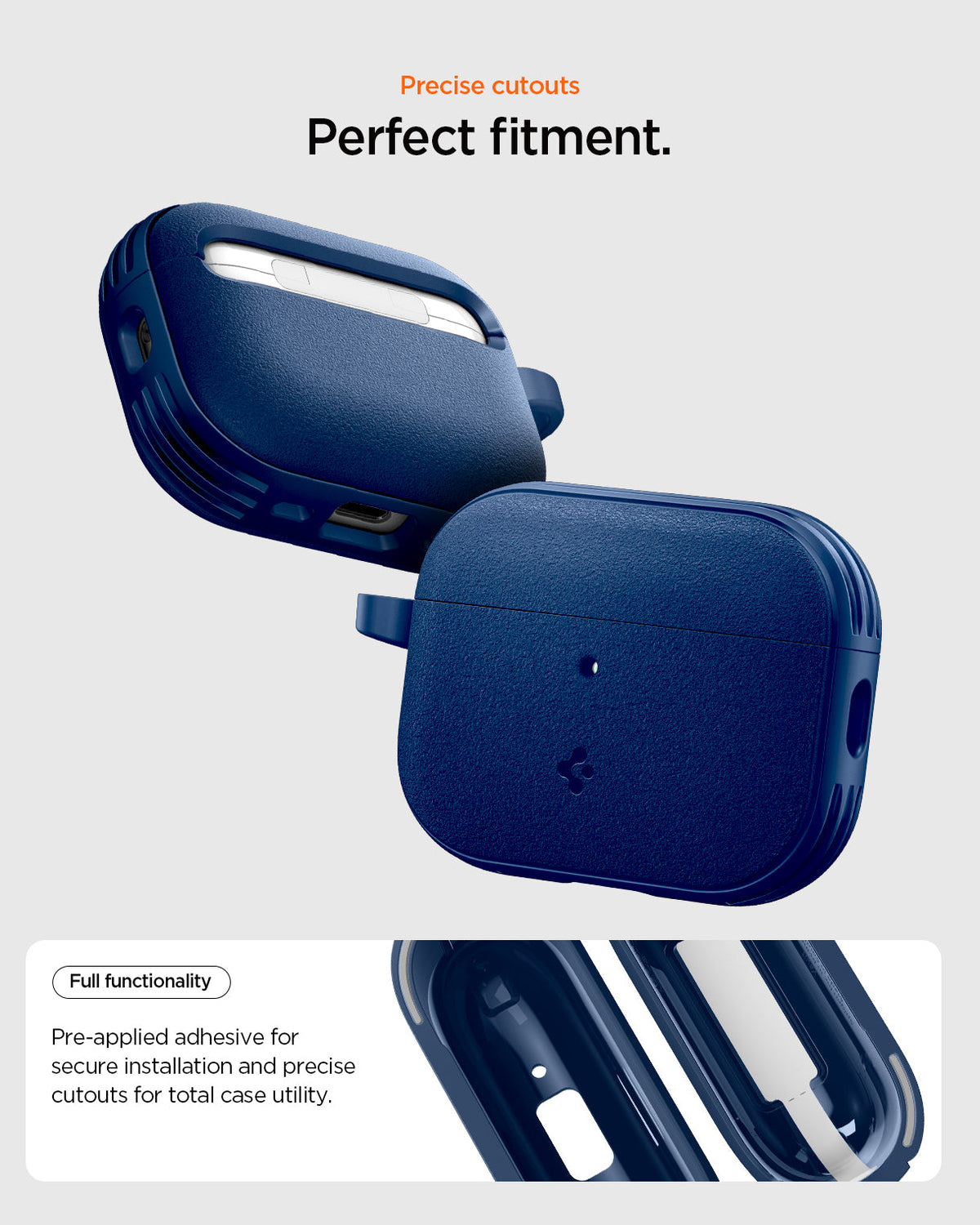 ACS09828 - AirPods Pro 3 Spigen Vault in Navy Blue showing precise cutouts. perfect fitment