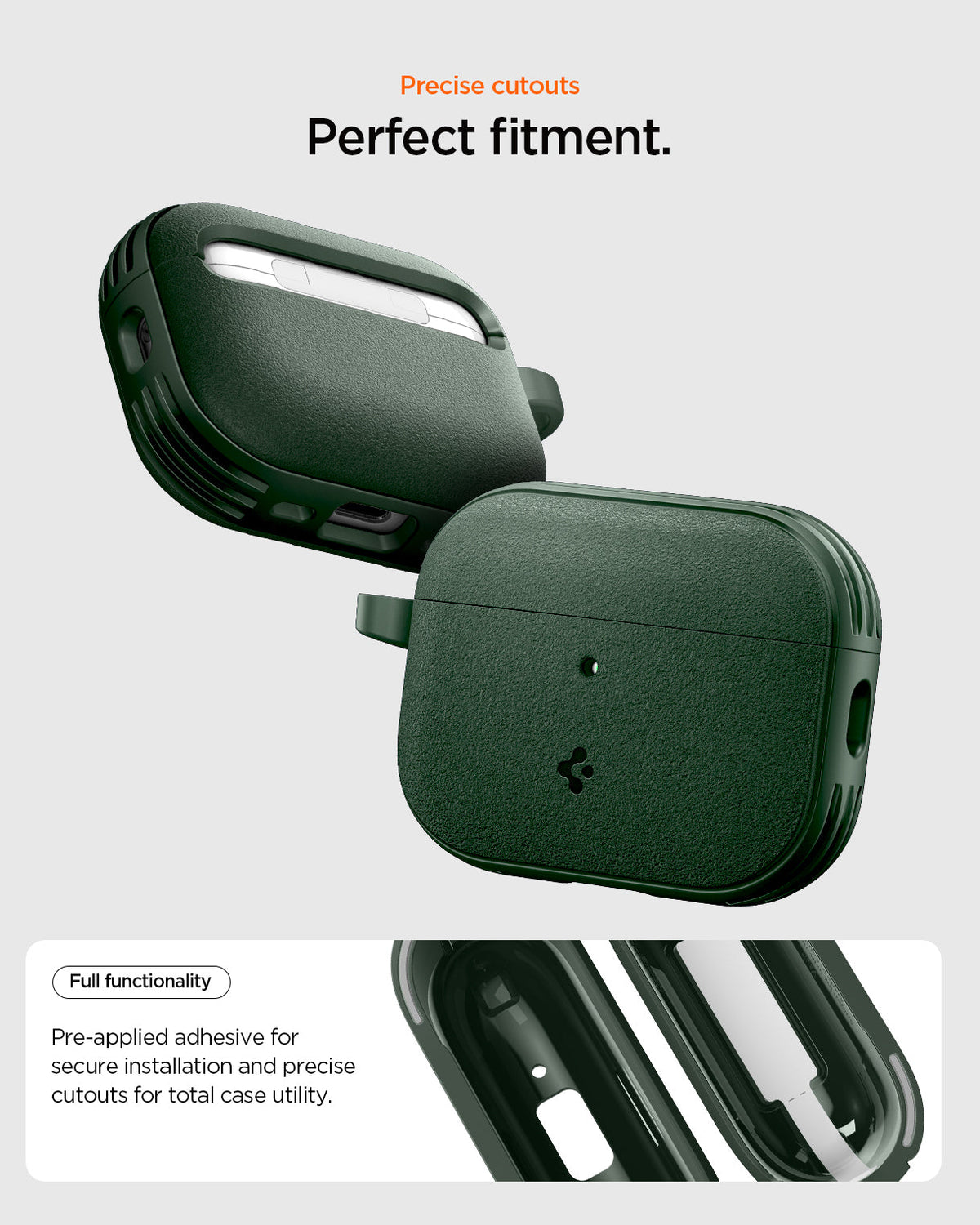 ACS09827 - AirPods Pro 3 Spigen Vault in Midnight Green showing precise cutouts. perfect fitment
