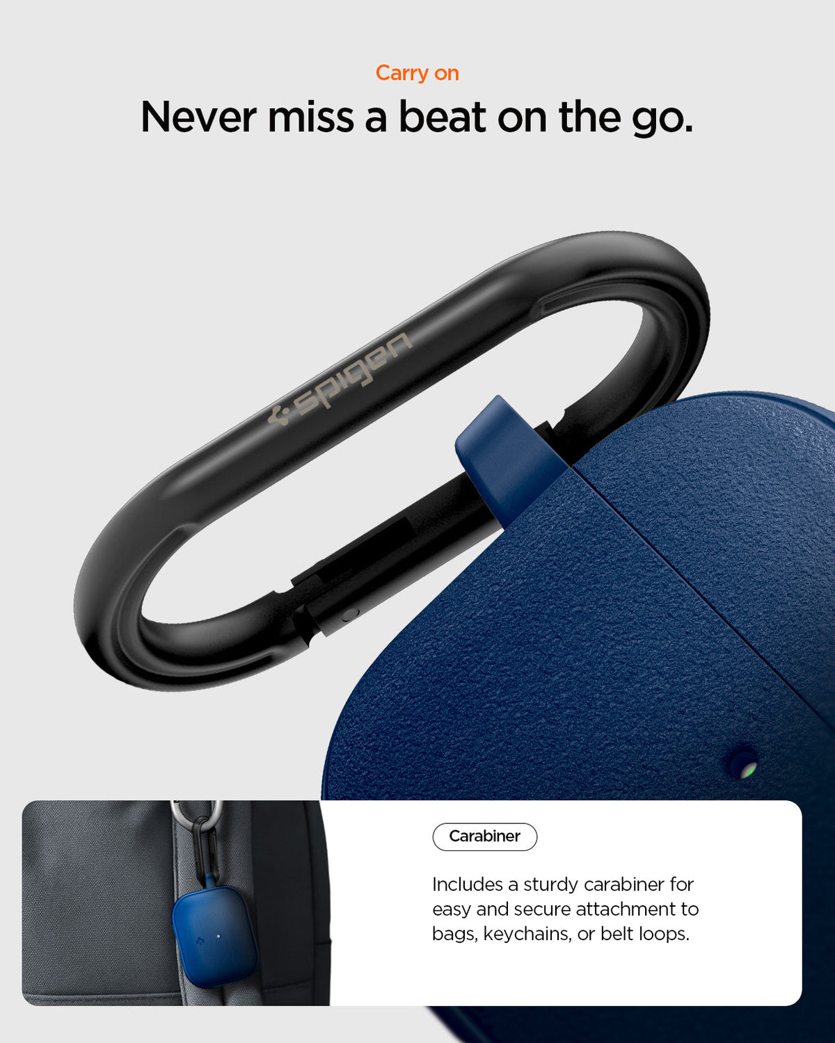 ACS09828 - AirPods Pro 3 Spigen Vault in Navy Blue showing carry on. Never miss a beat on the go