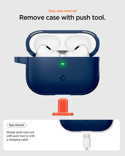 ACS09828 - AirPods Pro 3 Spigen Vault in Navy Blue showing easy case removal. Push case out with cable