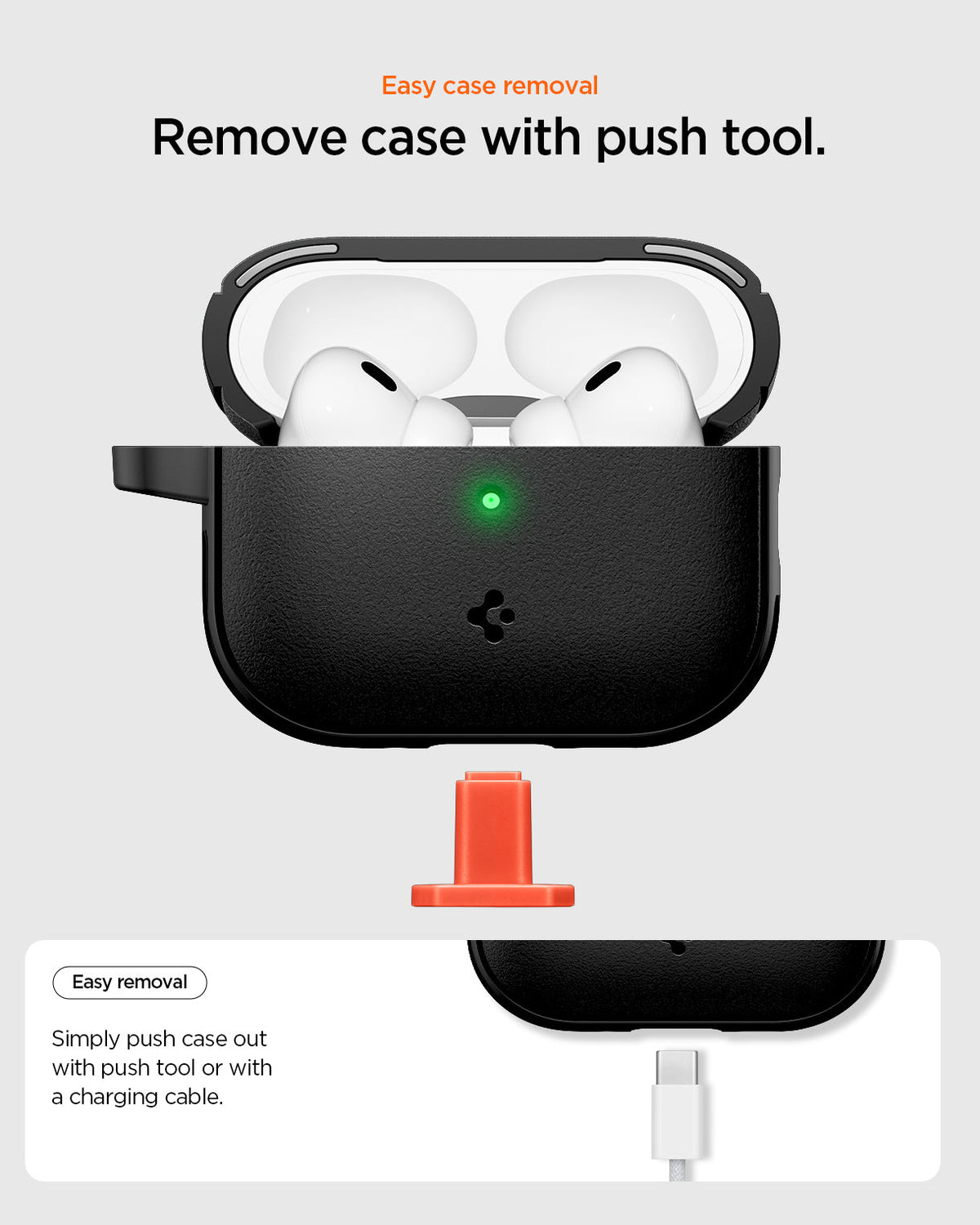 ACS09826 - AirPods Pro 3 Spigen Vault in Matte Black showing easy case removal. Push case out with cable