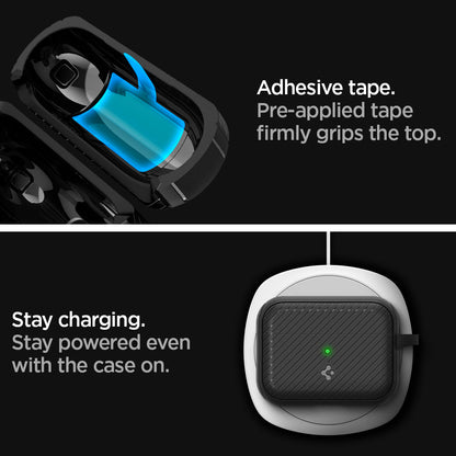 ACS03645 - Airpods Pro Mag Armor in black showing the adhesive tape. Pre-applied tape firmly grips the top. Stay charging. Stay powered even with the case on