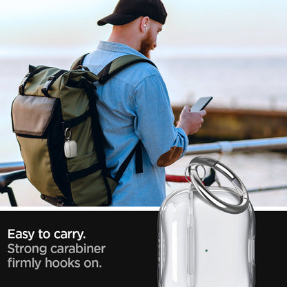 ASD00541 - Apple AirPods Pro Case Ultra Hybrid in crystal clear showing the front easy to carry. Strong carabiner firmly hooks on