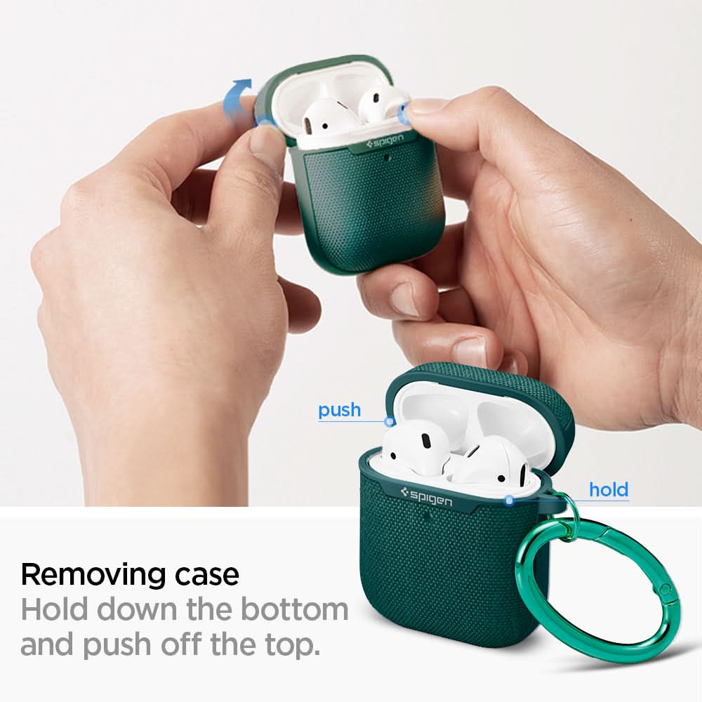 ASD00678 - Apple AirPods 1 / 2 Case Urban Fit in midnight green showing how to remove the case. Hold down the bottom and push off the top