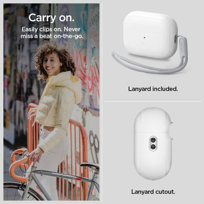 ACS05811 - Apple AirPods Pro 2 Case Silicone Fit + strap in white showing how it easily clips on. Never miss a beat on-the-go. Lanyard included and with lanyard cutout