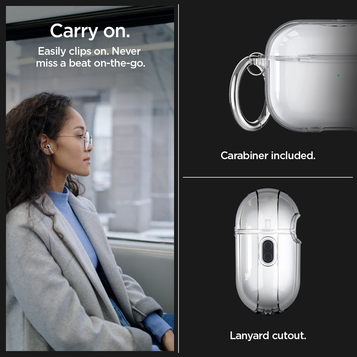 ACS05481 - Apple AirPods Pro 2 Case Ultra Hybrid in crystal clear showing the easily clips on. Never miss a beat on-the-go, carabiner included with lanyard cutout
