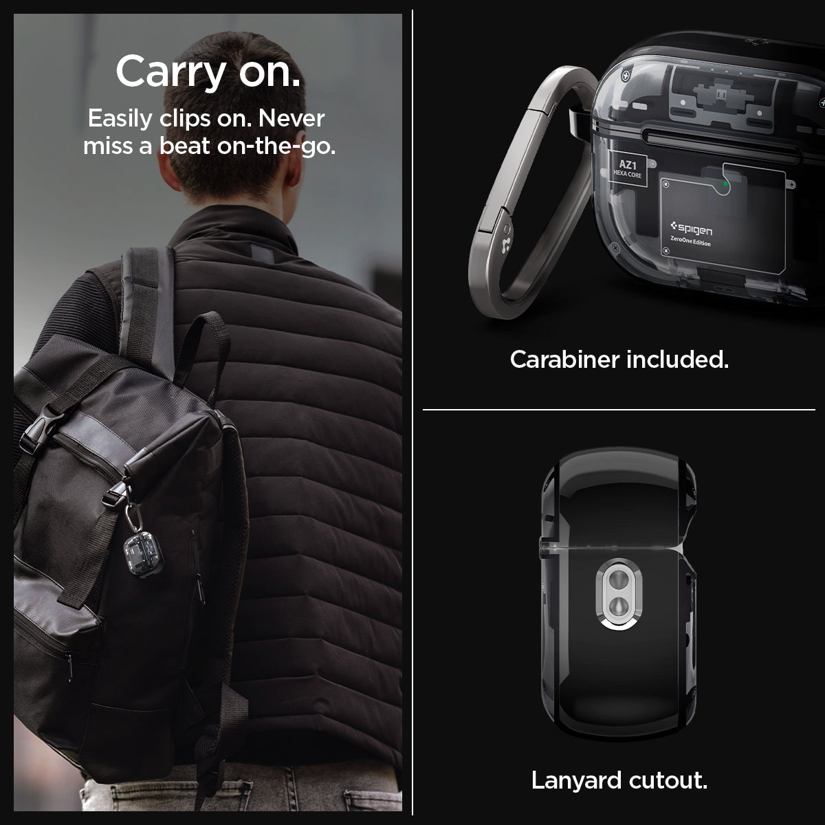 ACS05593 - AirPods Series Ultra Hybrid Zero One (MagFit) Case in zero one showing how to easily clip it on. Never miss a beat on-the-go