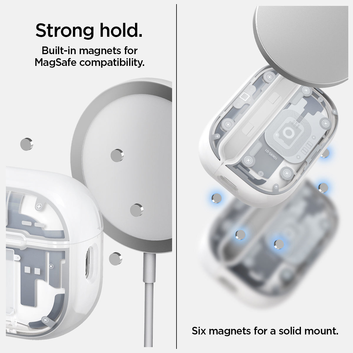 ACS07423 - AirPods Pro 2 Ultra Hybrid Zero One (MagFit) in Zero One White showing the strong hold. Built-in magnets for MagSafe compatibility. It has six magnets for a solid mount