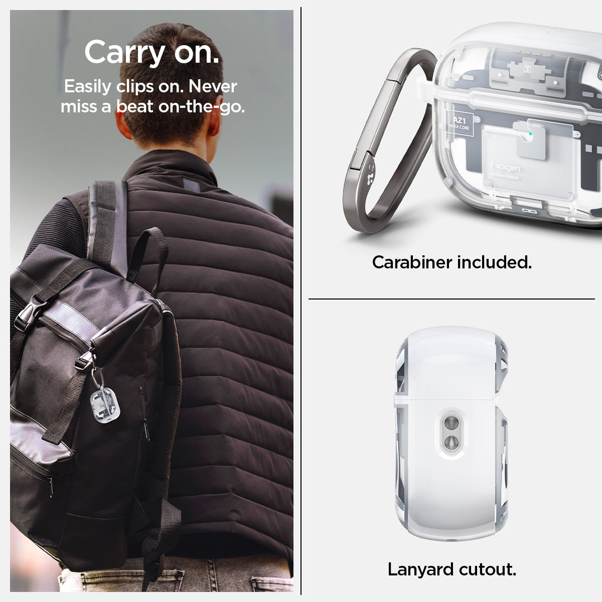 ACS07423 - AirPods Pro 2 Ultra Hybrid Zero One (MagFit) in Zero One White showing how to easily clip it on. Never miss a beat on-the-go