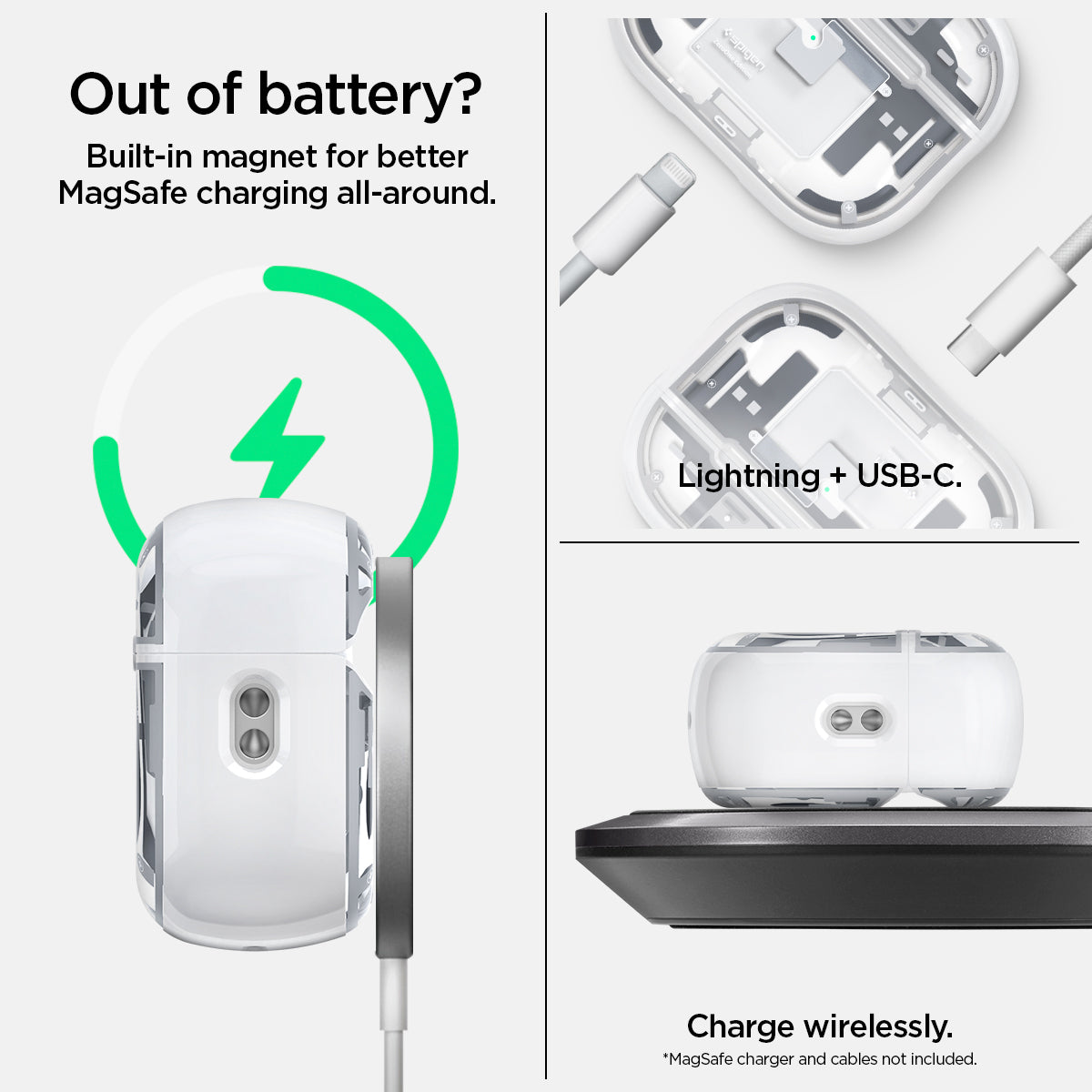 ACS07423 - AirPods Pro 2 Ultra Hybrid Zero One (MagFit) in Zero One White showing the built-in magnet for better MagSafe charging all-around. Lightning USB-C and charged wirelessly