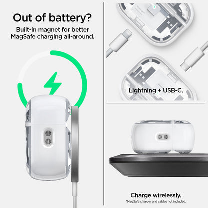ACS07423 - AirPods Pro 2 Ultra Hybrid Zero One (MagFit) in Zero One White showing the built-in magnet for better MagSafe charging all-around. Lightning USB-C and charged wirelessly