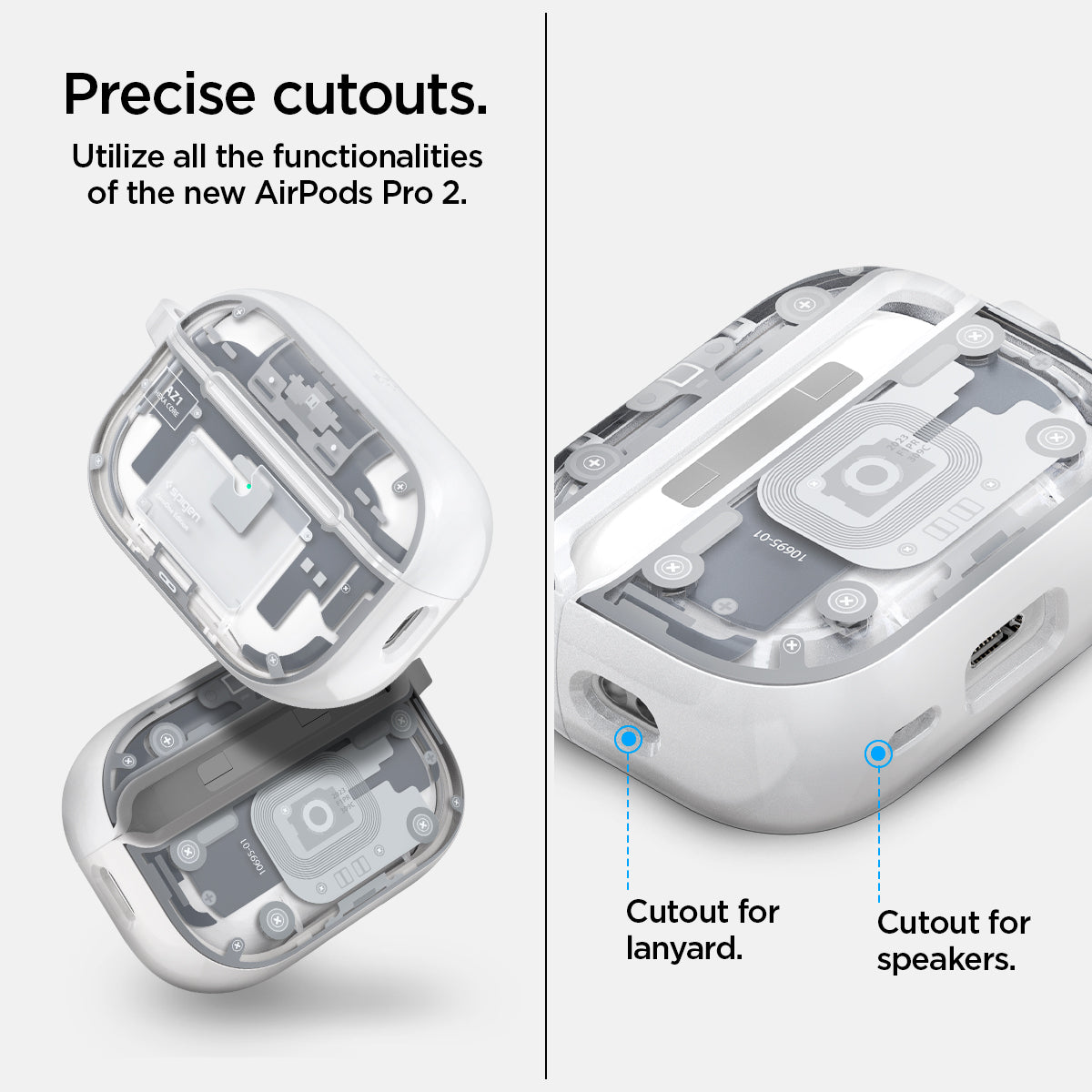 ACS07423 - AirPods Pro 2 Ultra Hybrid Zero One (MagFit) in Zero One White showing the precise cutouts. Utilize all the functionalities of the new AirPods Pro 2. It has cutout for lanyard and cutout for speakers